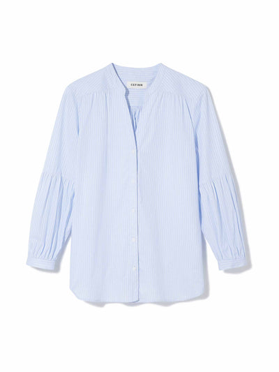 Cefinn Ella v-neck light blue and white stripe cotton shirt at Collagerie