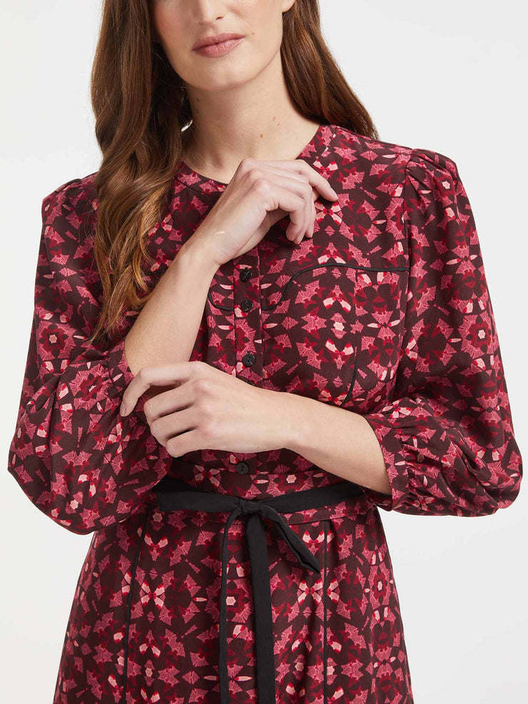 Loella rose print round-neck silk midi shirt dress