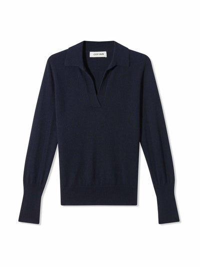 Cefinn Gillian navy open collared cashmere jumper at Collagerie