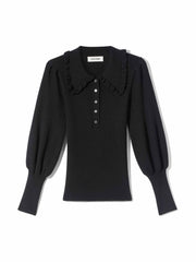 Tallulah black frill collar blouson sleeve merino rib jumper