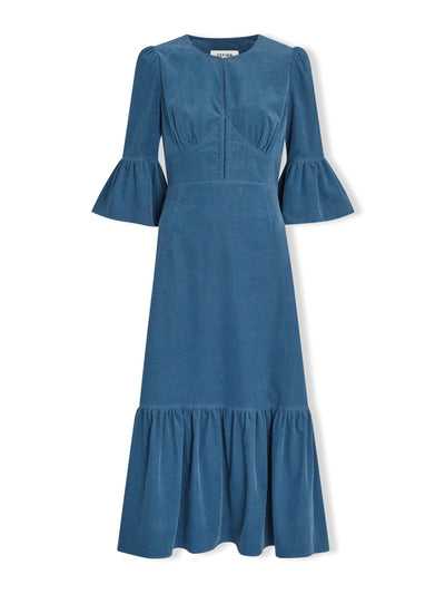 Cefinn Daphne round neck mid-blue pin corduroy dress at Collagerie