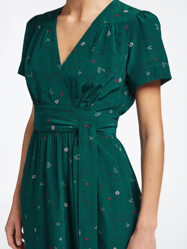 Gina lips and eyes print green silk mini dress