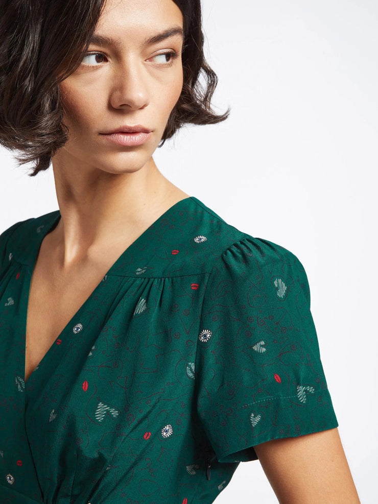 Gina lips and eyes print green silk mini dress
