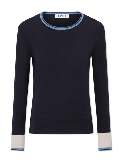 Cefinn Olivia colour block navy wool jumper at Collagerie