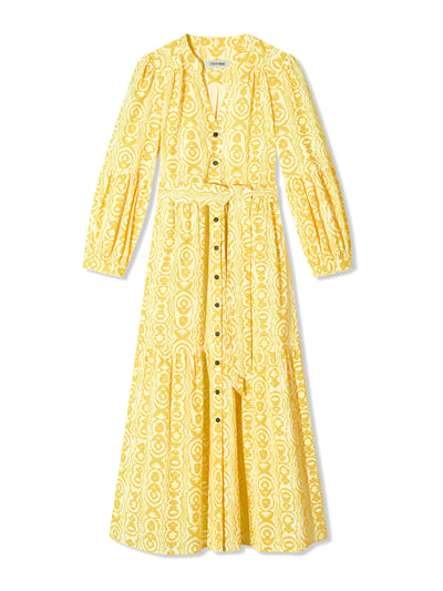 Cefinn Alice v neck yellow moire maxi shirt dress at Collagerie