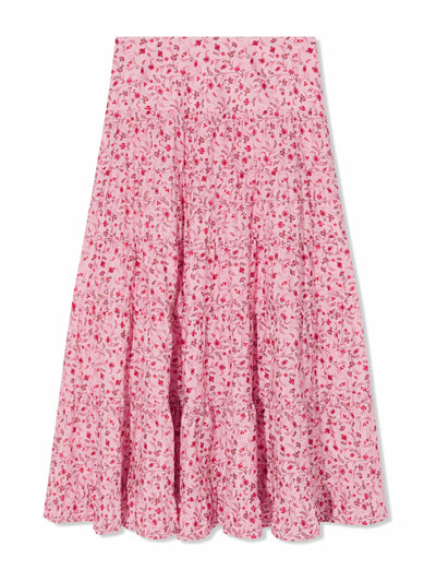 Cefinn Sawyer pink floral print tiered gathered midi skirt at Collagerie