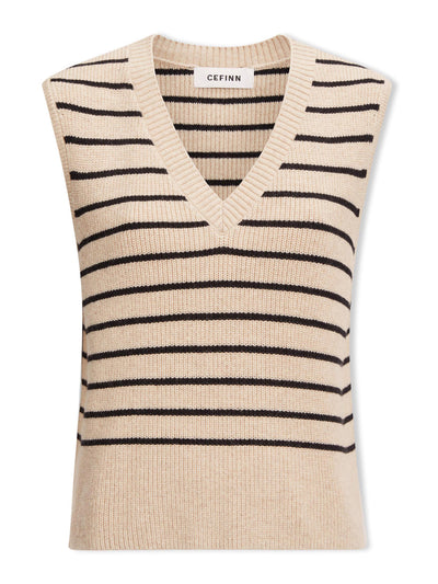 Cefinn Julie sand black stripe cotton v neck sleeveless jumper at Collagerie