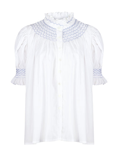 Smock London Scholl women's wummer blouse white with forget me not hand smocking at Collagerie