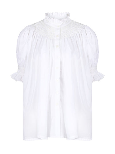 Smock London Scholl women's summer blouse white with ivory hand smocking at Collagerie