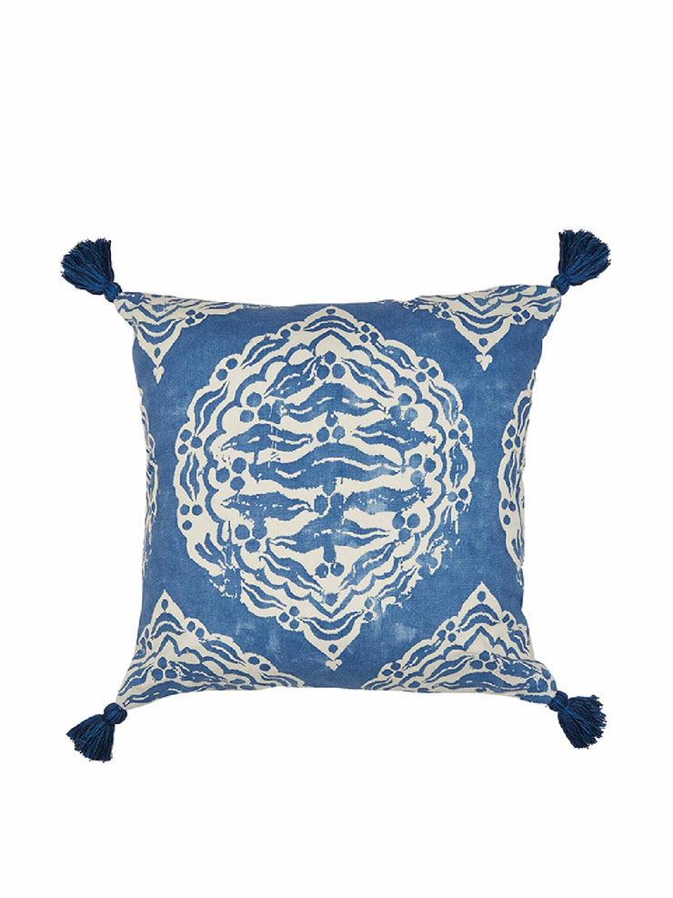 Mander light blue and zig-zag stripe azure square cushion with blue tassels