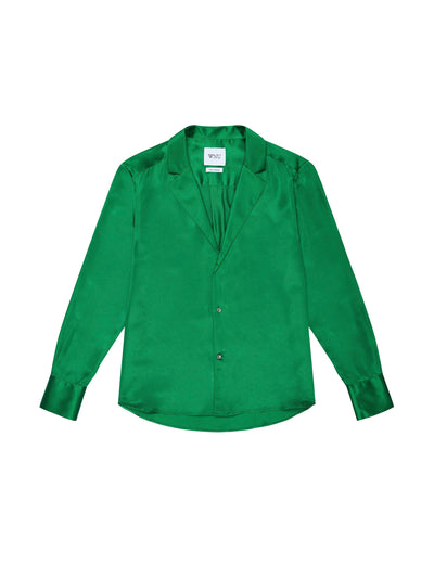 With Nothing Underneath The Cocktail: emerald green silk shirt at Collagerie