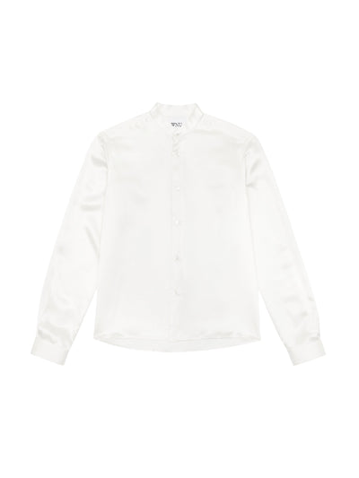 With Nothing Underneath The Girlfriend: collarless pearl white silk shirt at Collagerie