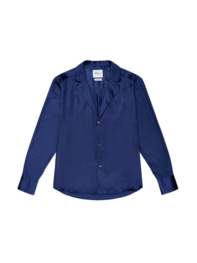 With Nothing Underneath The Cocktail: sapphire blue silk shirt at Collagerie