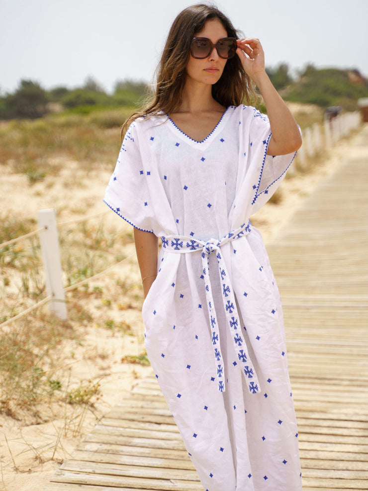 Square hand embroidered  blue and white kaftan