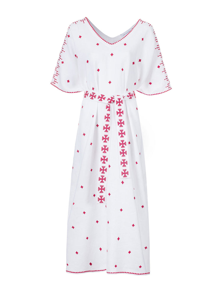 Square hand embroidered red and white kaftan