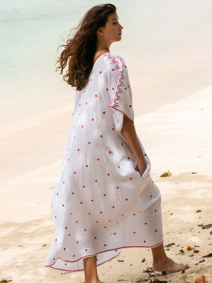 Square hand embroidered red and white kaftan