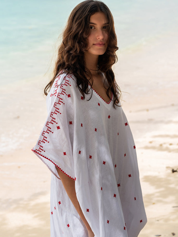 Square hand embroidered red and white kaftan