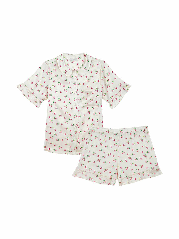 Strawberry print silk top and shorts pyjama set