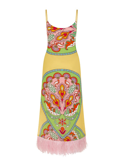 Borgo De Nor Thalai maxi dress in Selene yellow print and pink feather trim at Collagerie