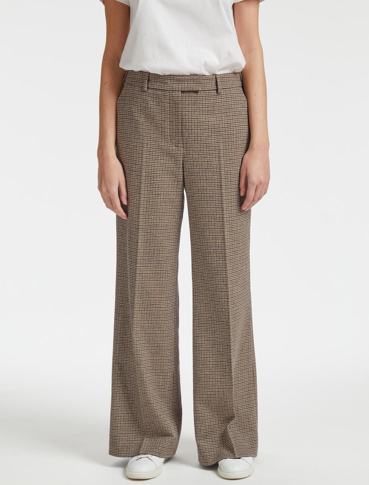 Relaxed brown and navy check wide leg Terence wool trouser