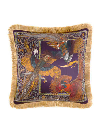 Sabina Savage The Pheasant Tree silk satin and velvet cushion at Collagerie