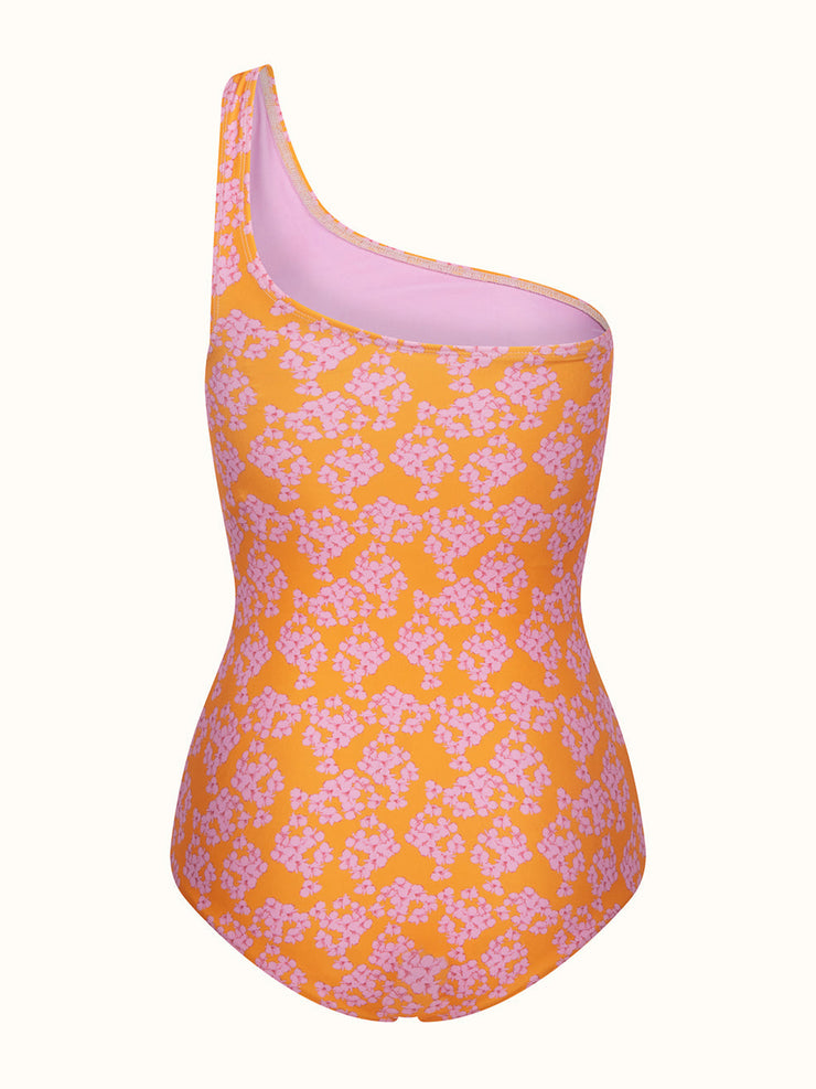 Borgo de Nor x Talia Collins orange and lilac sirona asymmetrical swimsuit