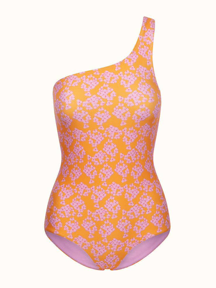 Borgo de Nor x Talia Collins orange and lilac sirona asymmetrical swimsuit