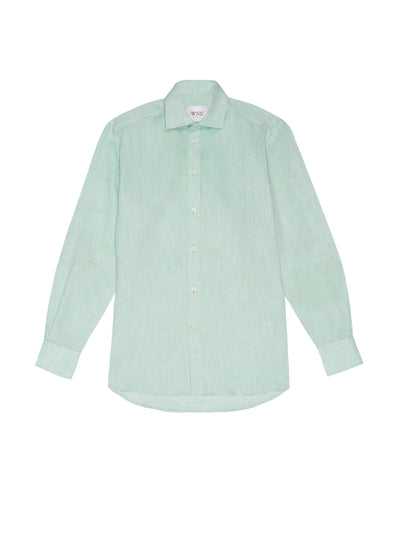With Nothing Underneath The Boyfriend: mint green linen shirt at Collagerie