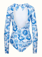 Blue and white Electra long-sleeve swimsuit