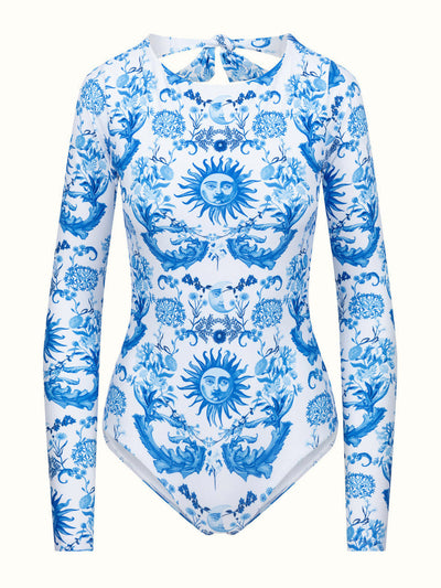 Borgo De Nor x Talia Collins Blue and white Electra long-sleeve swimsuit at Collagerie