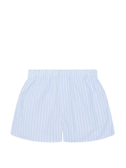 The poplin morning blue stripe short by With Nothing Underneath. Made from 100% organic cotton. Elastic waistband and embroidery detail | Collagerie.com