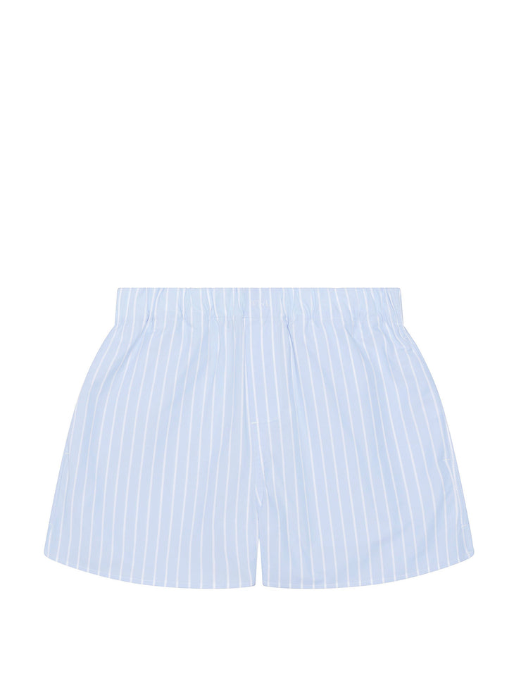 The poplin morning blue stripe short by With Nothing Underneath. Made from 100% organic cotton. Elastic waistband and embroidery detail | Collagerie.com