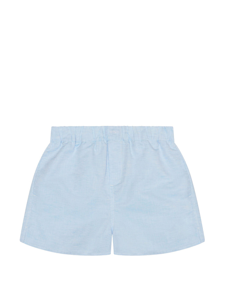Weave blue celeste shorts by With Nothing Underneath. Made from 50% organic cotton and 50% organic linen. Elastic waistband & embroidery detail | Collagerie.com