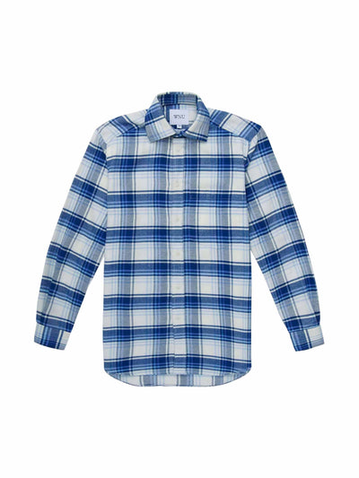 With Nothing Underneath The Boyfriend: rain blue brushed plaid shirt at Collagerie