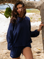 Perfect Summer set with the Phoebe navy towelling sweatshirt and shorts by Rae Feather. Perfect for the beach and city. Cotton towel material | Collagerie.com