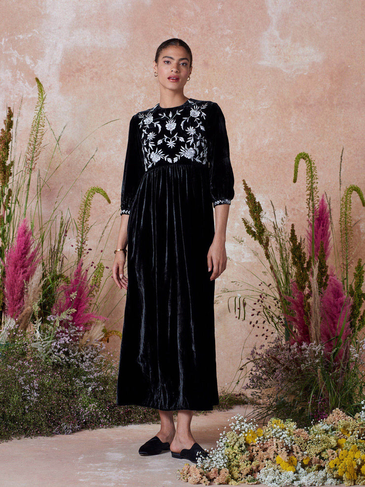 Black velvet Touba dress with silver embroidery