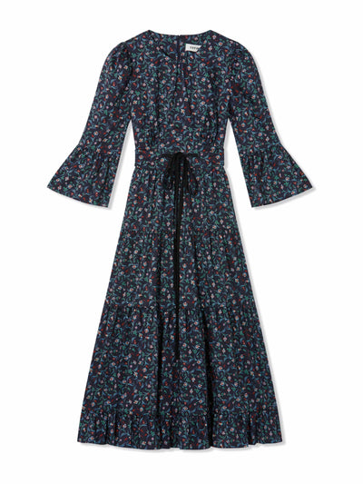 Cefinn Cordelia navy blue floral print midi dress with tiered skirt at Collagerie