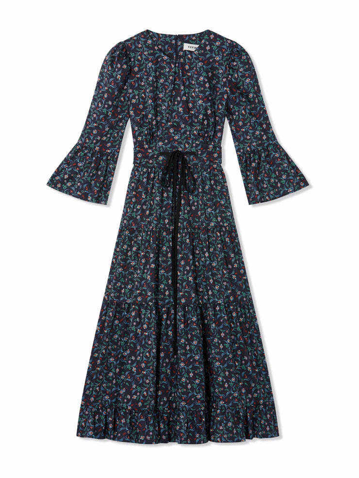 Cordelia navy blue floral print midi dress with tiered skirt