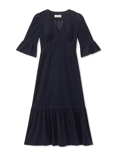 Cefinn Daphne pin corduroy v-neck maxi dress in navy at Collagerie