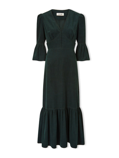 Cefinn Daphne corduroy v-neck dress in forest green at Collagerie