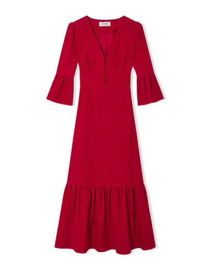 Cefinn Daphne corduroy v-neck dress in red at Collagerie