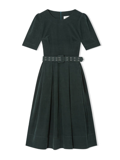 Cefinn Felicity pin corduroy short sleeve box pleat dress with belt in forest green at Collagerie