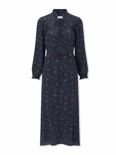 Cefinn Zahra silk maxi dress in navy blue wiggle print at Collagerie