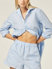 Weave blue celeste shorts by With Nothing Underneath. Made from 50% organic cotton and 50% organic linen. Elastic waistband & embroidery detail | Collagerie.com