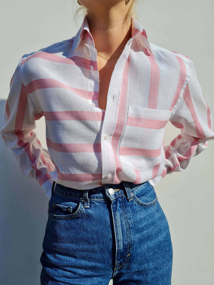 The Boyfriend: grapefruit pink patchwork weave shirt