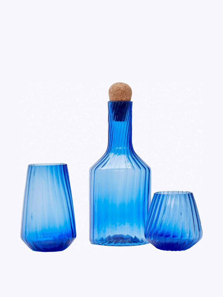 Hand-blown recycled glass carafe in cobalt blue