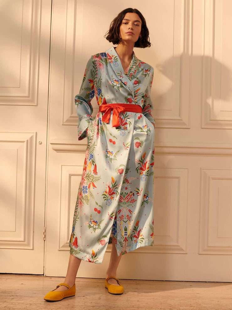 Blue silk floral dressing gown with red sash
