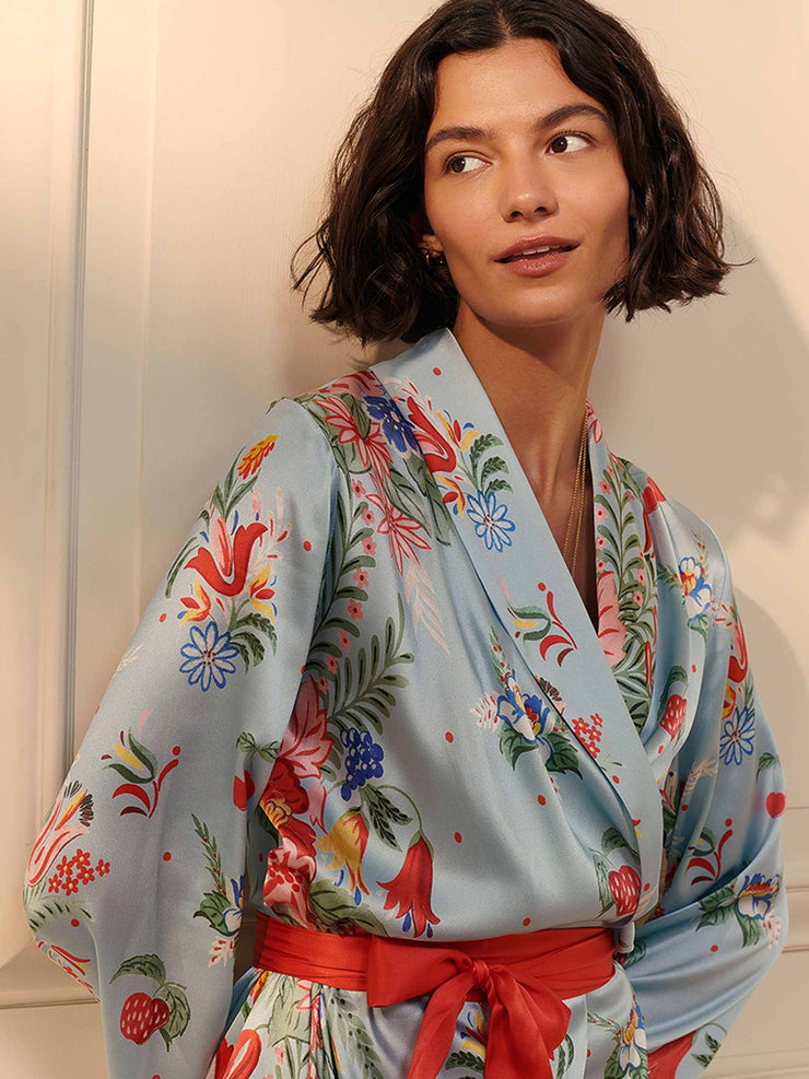 Blue silk floral dressing gown with red sash
