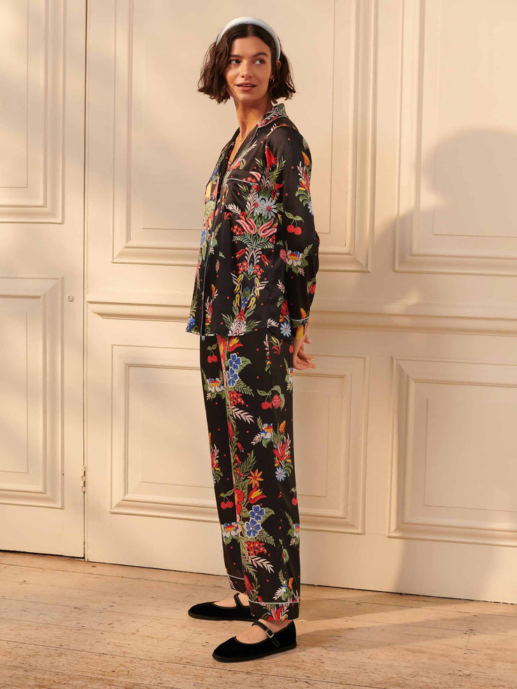Black silk floral pyjamas