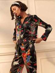 Black silk floral pyjamas